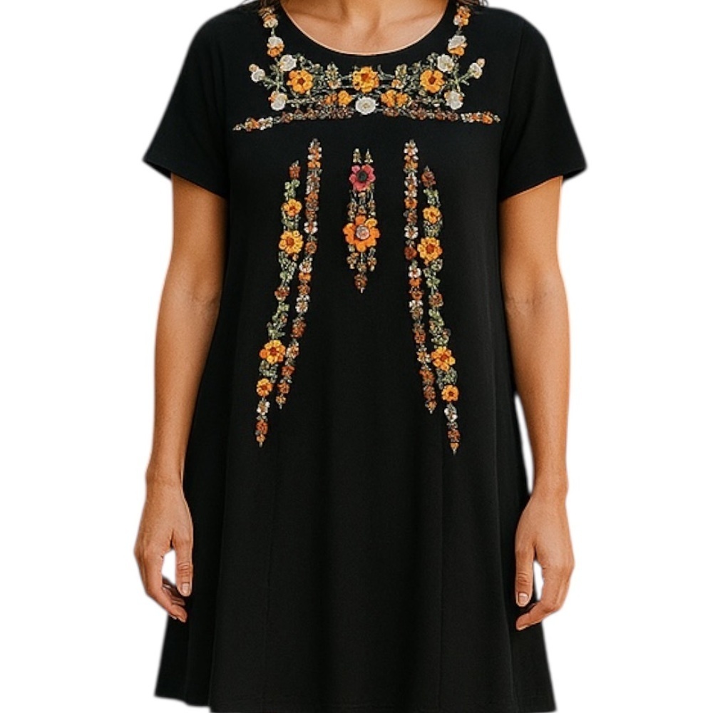 Umgee Embroidered Tunic Top Sz 1XL Short Sleeve Black Boho Colorful Flowy
